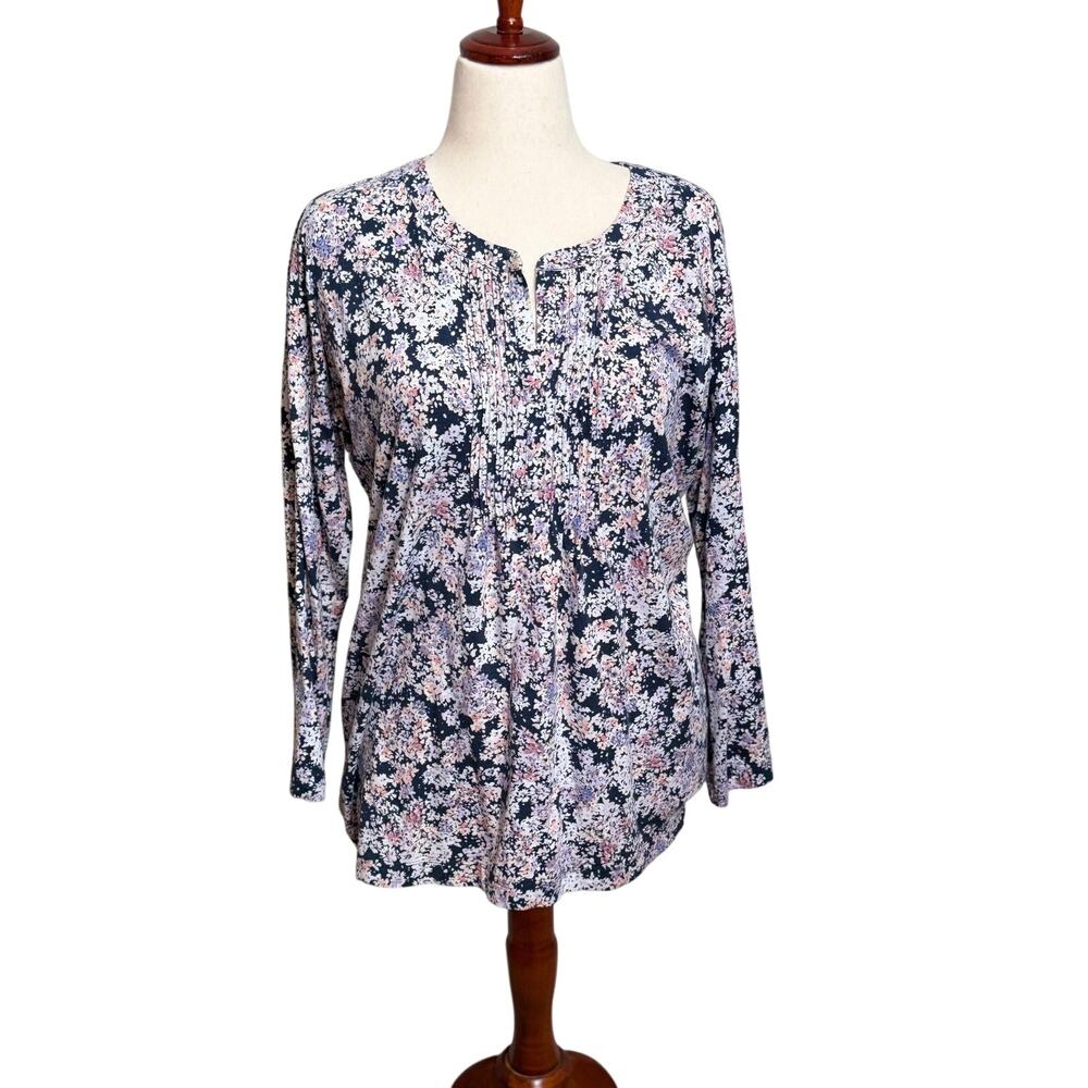 J. Jill tunic blue & pink floral long sleeve open neck pintucking knit top Sz MP